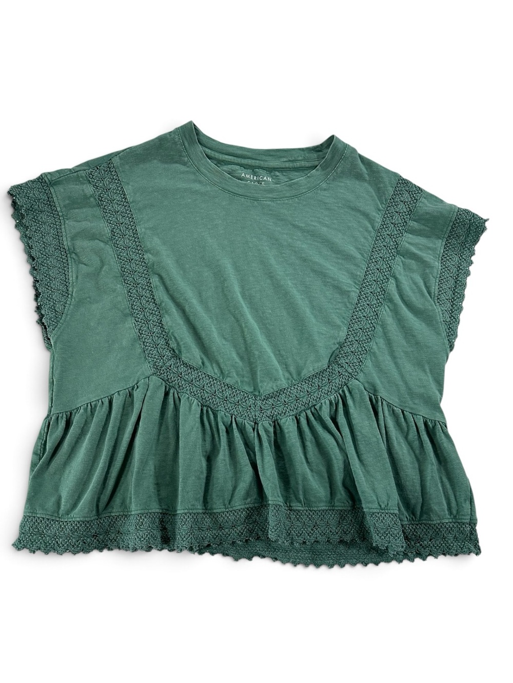 American Eagle Outfitters Women’s Dark Green Lace-Trim Peasant Crop Top M